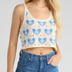 Avec Les Filles M/L Crochet Beaded Ivory/Blue Romantic Cottagecore Cropped Tank